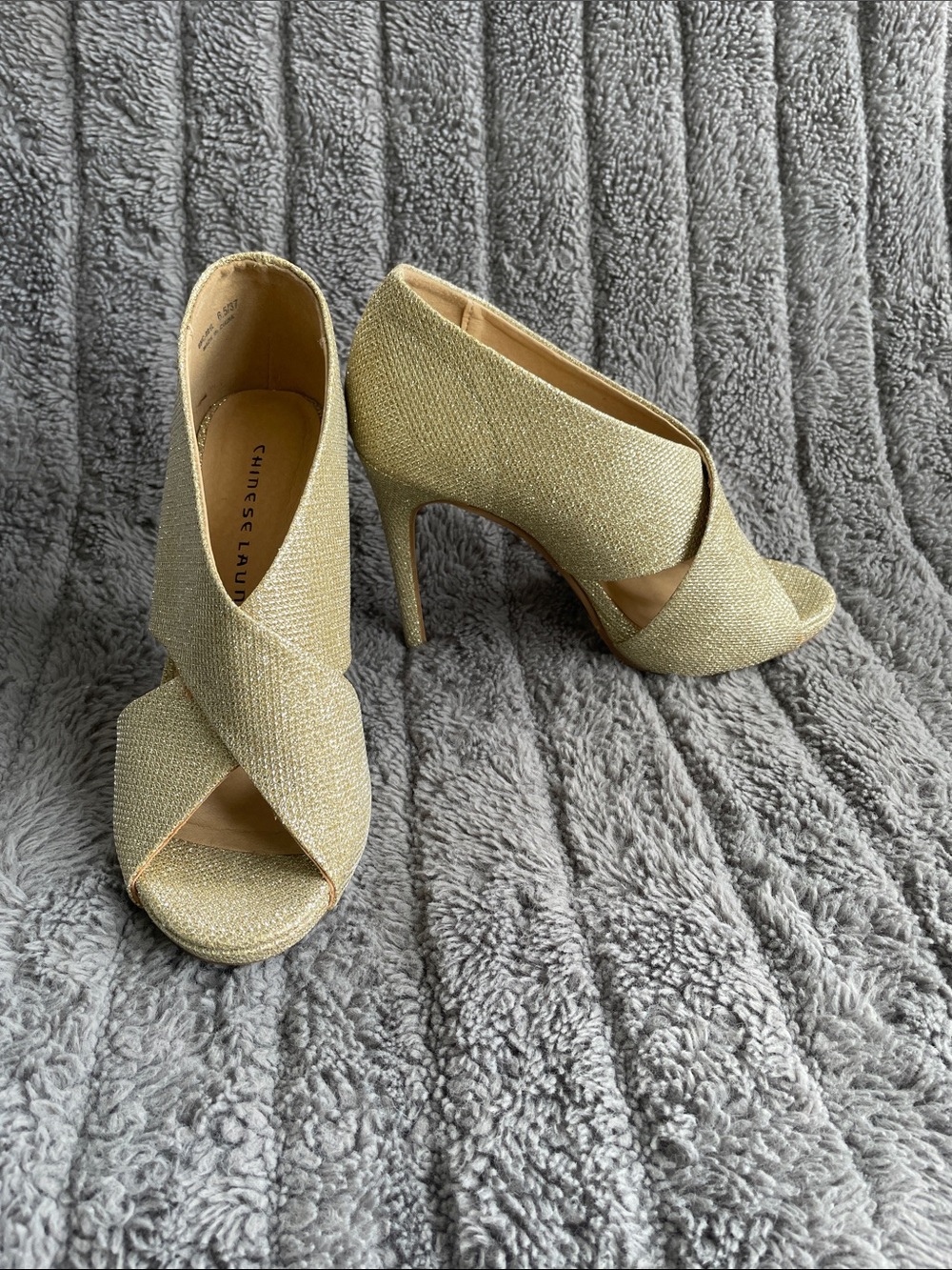 Chinese Laundry Metallic Gold Crisscross Peep-Toe Heels
